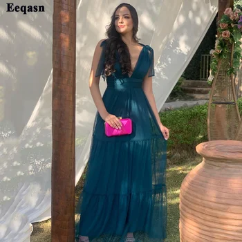 Eeqasn Peacock Blue Til Formalno Prom Obleke Proti-Vrat Prilagodite Špagete Trakovi Ženske Stranka Obleko Družico Stopenjski Večernih Oblek