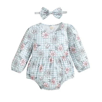 Baby Dekleta Romper + Lok Glavo Nastavite Jesen Pomlad Obleke Z Dolgimi Rokavi Kariran Cvjetnim Tiskanja Novorojenčka Oblačila 0-18 Mesecev