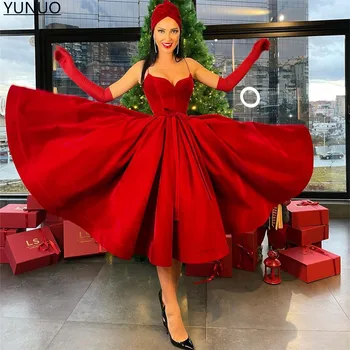 YUNUO Preproste Črte, Rdeča Prom Oblačenja 2022 Ženske Špagete Trakovi Saten Midi Čaj Dolžina Formalno Večernih Oblek za Božični Zabavi
