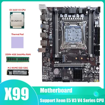X99 Motherboard LGA2011-3 Matično ploščo Računalnika Z E5 2620 V3 CPU+M. 2 SSD 128G+DDR4 4GB 2666Mhz RAM+Toplotna Pad