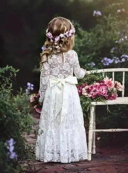 2022Communion Obleko z Dolgimi Rokavi Boho Roža Punca Obleke Otroci Krst Poročno Družico Obleke Haljo Enfant Mariage Fille