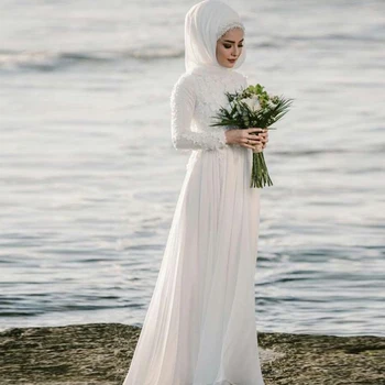 Dolge Rokave Muslimanskih Poročne Obleke Z Hidžab A-Line Princesa Dragulj Aplicirano Šifon Tla-Dolžina arabski gelinlik