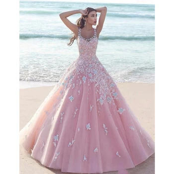 2021 Roza Žogo Obleke Quinceanera Obleke 3d Cvetje Til Formalno Stranko Haljo Sladko 18 Vestidos Elegantno Princesa 16 Dolgo Prom Oblačenja