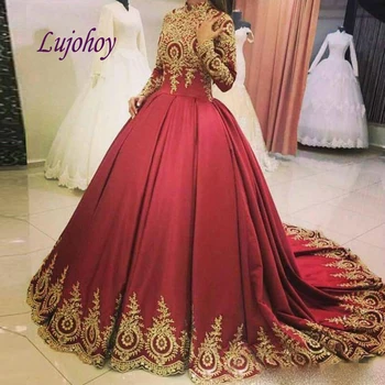 Eleganten Dolg Rokav Čipke Poročne Obleke Plus Velikost Obleke Žogo Rdečo in Zlato Afriške Ženske Poročne Oblek Nevesta