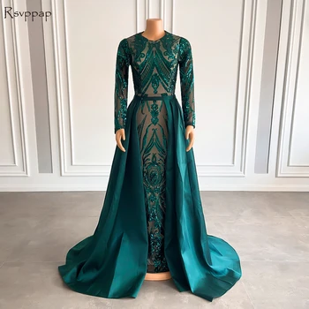 Dolg Rokav Smaragdno Zelena Večerne Obleke 2022 O-vratu Naravnost Sequined arabski Dubaj Ženske Snemljiv Vlak Formalno Večernih Oblek