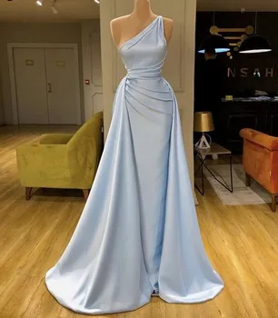 Modro Nebo, Morska Deklica Arabski Dubaj Prom Obleke Vestidos Elegantne Ženske Rami Saten Preprost Dolgo Večer Formalnih Obleke 2021