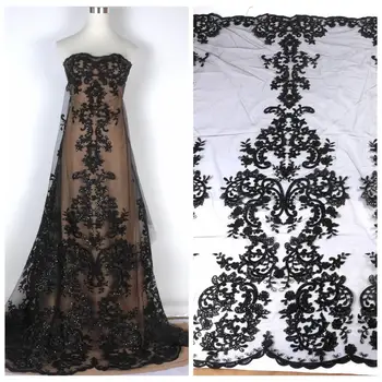 Visoka kakovost Črno velik vzorec na til vezenine, čipke tkanine poročno obleko/high-end čipke obleko tkanine za dvorišču