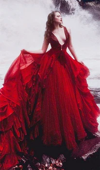 Rdeča Gothic Poročno Obleko Globoko V-Neck Ruffles Dolgo Til Poročne Obleke Žogo Poletje Romantično Letnik Nevesta Obleke Haljo De Mariee