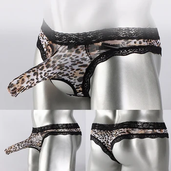 Moški Ledu Svile Natisnjeni Leopard Underwears Odprite Mednožje Torbica Tangice T-nazaj G-string Seksi Gej Bikini Perilo Spodnjice brez Hlačnic
