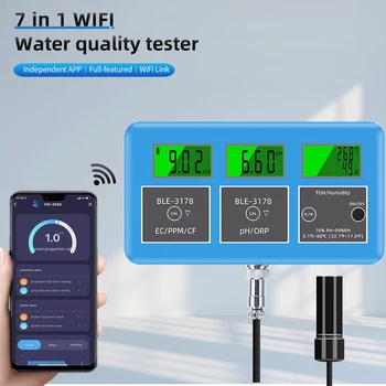 7 v 1 Večfunkcijsko Kakovosti Vode Tester WiFi PH ES TDS PRIM ORP Temp in Vlažnost Meter Smart Digitalni Monitor APLIKACIJA za Nadzor EU Plug