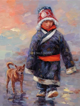 Kitajski vtis podeželju fant, ki vodi psa sodobne umetnosti platno natisne fant portret figurativne umetnosti doma, nalepke, plakati,