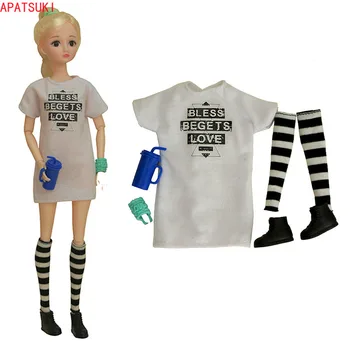 Bela Modna Oblačila Set za Barbie Lutka Obleko 1/6 Lutke, Dodatki Za Barbie Lutka Dolgo T-shirt Obleko, Nogavice, Čevlji za Otroke, Igrače,