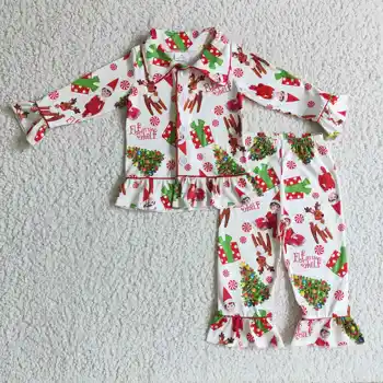 2022 Božič boutique dekleta pižame jelena dreves darilo vzorec dolg rokav gumb design z ovratnikom otroci kompleti oblačil trgovina