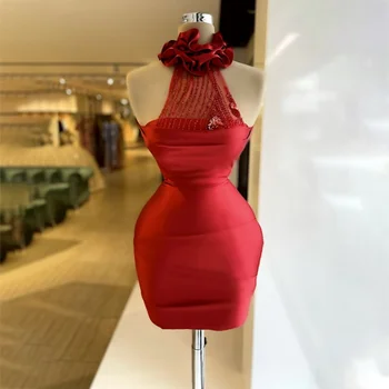 UETEEY Rdeča Mini Cocktail Obleka Kratka Saten morska deklica Prom Obleke Seksi brez Rokavov Nočni Klub Slog 2022 Beaded Ples, Oblek
