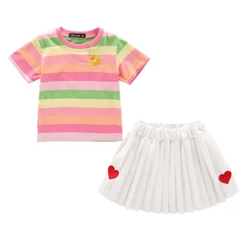 DFXD Dekliška Oblačila Sklop 2020 Poletje Otroci Moda Princesa Obleko Določa Pisane Trakove T-majice, Vezenje Srce Naguban Krila