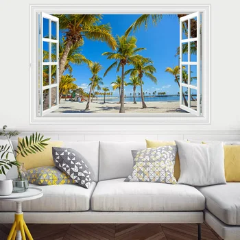 Lažno okno krajine Kokosovo drevo Stenske Nalepke PVC Materiala Plaži seascape Steni Plakat za Dnevni Prostor Kavč ozadju Dekor