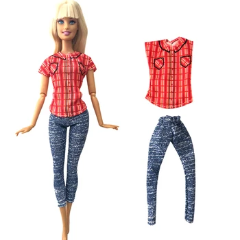 NK 1 Kos Ročno Lutka Obleko Priložnostne Obrabe Moda Oranžna Majica Skinny Kavbojke Hlače za Barbie Lutka Oprema Igrače