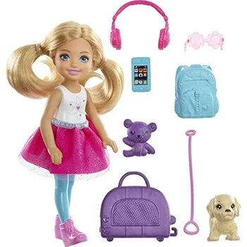 Original Mattel Barbie Mini Chelsea Potovanja Lutka Blondinka s Psiček Prevoznik Oprema Igrače za Dekleta Top blagovne Znamke Božična Darila