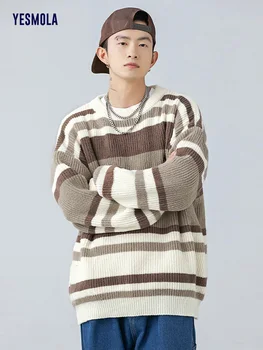 spomladi in jeseni, pozimi prugasta pulover moške krog vratu Puloverju Japonski Letnik svoboden vrata modne blagovne znamke pulover nekaj