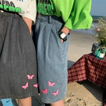 3 Metulj Vezenje Koleno Dolžina Ženska Jeans Elastična Visok Pas Širok Noge Hlače 2021Summer Harajuku Japonski Slog Teens Kawaii